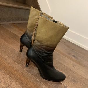 Y2K Leather Heeled Mid Calf Two colour Tone Boots, rounded toe
